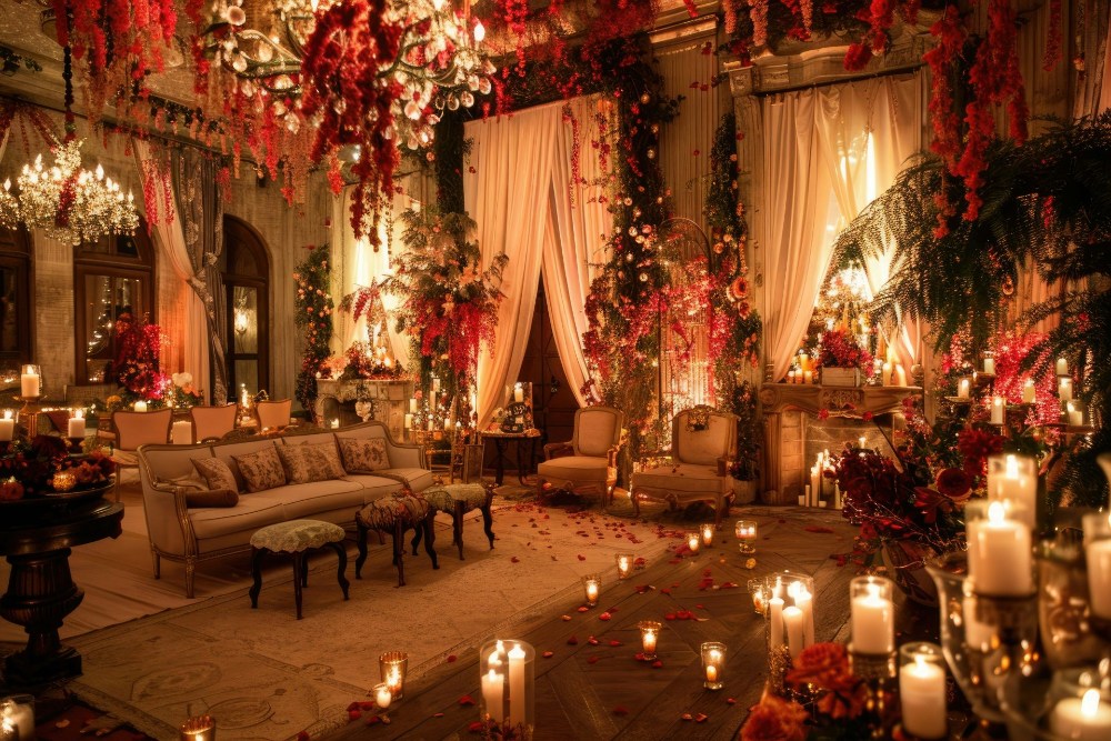 Sala decorada con flores rojas